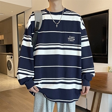 B218-P35秋冬美式复古条纹长袖衫T恤男休闲潮流行宽松外搭上衣，男装T恤，星座512-6