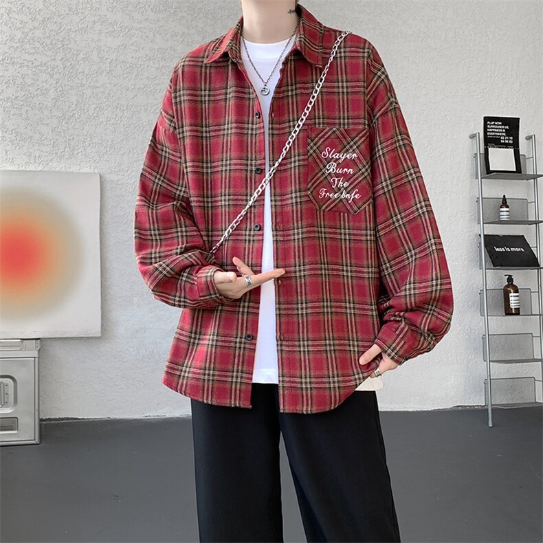 衬衫男秋季新款港风宽松大码刺绣格子衬衣CS121-P35,男装衬衫,星座214-3