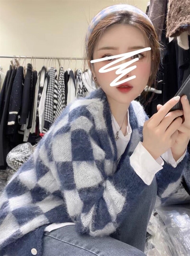 现货 抓毛棋盘格开衫，其它，东町