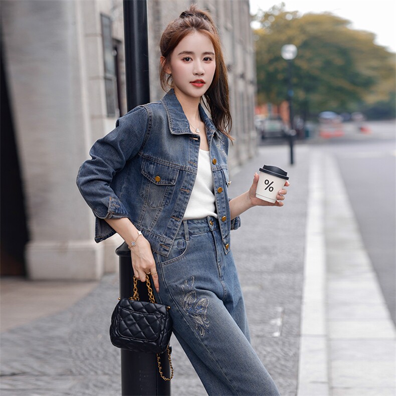 欧洲站牛仔套装女2024春秋新款爆款网红炸街休闲时尚阔腿裤两件套，女装套装/套裙，纯色衣恋