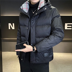 8825-L-4XL-P225标50绒店主风男士休闲连帽拼接格子羽绒服外套，男装羽绒服，电商B255