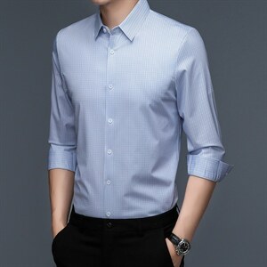 春秋季中年男士纯色无痕长袖衬衫休闲秋装衬衣宽松免烫男装上衣图片
