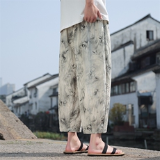 夏季2024现货新中式竹叶印花天丝麻冰丝八分裤子K213-P55-控78，男装休闲裤，电商A021