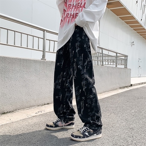 高街牛仔裤男春季欧美街头风做旧九分裤子嘻哈直筒宽松阔腿裤N746图片