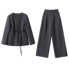 现货毛呢套装女2025年冬季新款女装时尚气质休闲外套阔腿裤送腰带，女装套装/套裙，时尚俏佳人