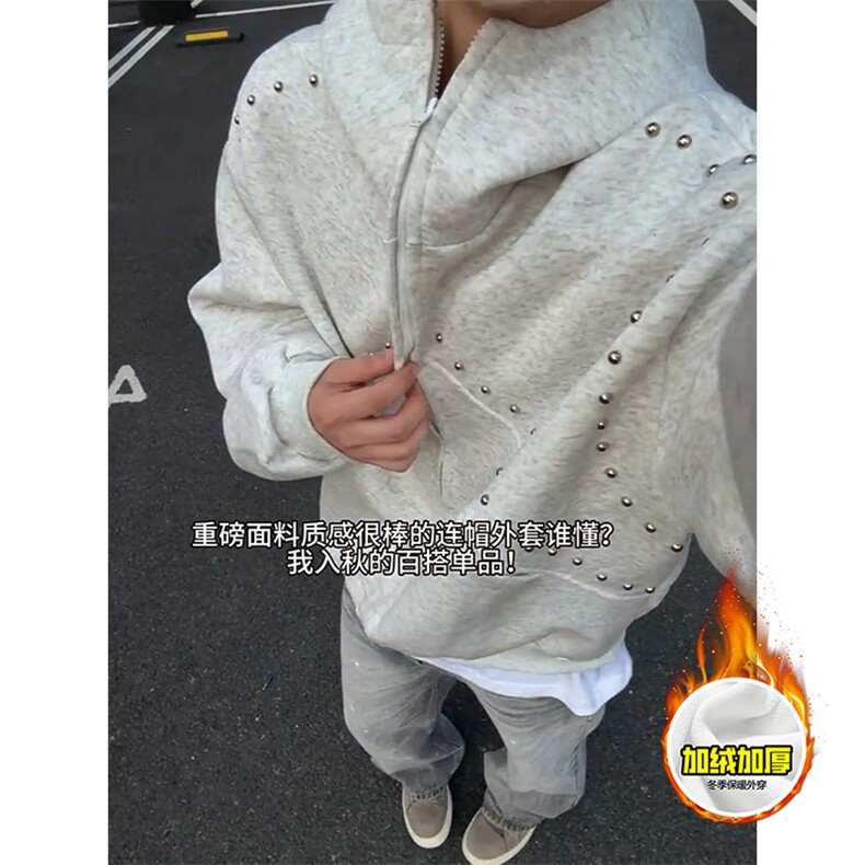 480G重磅加绒硬挺boxy男女美式高街卫衣铆钉杜宾犬耳朵开衫厚外套图片