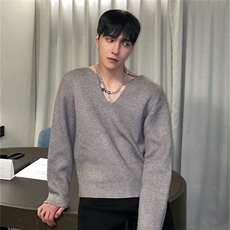 Z108-P46法式大v领针织衫高级感宽松长袖卫衣男模穿搭艺术生，男装针织衫/毛衣，电商B323A