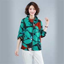2022年夏季宽松型薄款通勤拉链连帽长袖抽图案防晒服外套，女装防晒衣，依倍林