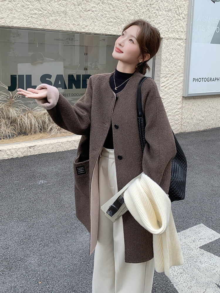 棕色轻熟风圆领双面羊绒大衣女2025冬新款复古宽松中长款毛呢外套,女装双面呢大衣,浙宝192（原082）