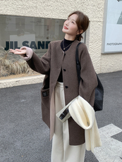 棕色轻熟风圆领双面羊绒大衣女2025冬新款复古宽松中长款毛呢外套，女装双面呢大衣，浙宝192（原082）