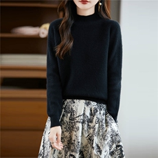 半高领坑条提花100%纯羊毛衫针织毛衣女长袖宽松羊绒衫加厚打底衫，女装羊毛衫，绒汀羊绒