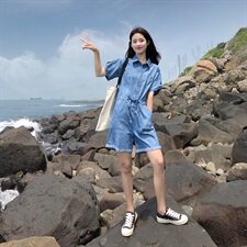 大货已出牛仔连体裤宽松阔腿裤收腰短裤16089601，女装牛仔裤，艾青服饰