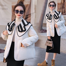 2024年冬季90白鸭绒拼接条纹针织特色气质淑女韩版羽绒服女，女装羽绒服，韩蜜菓