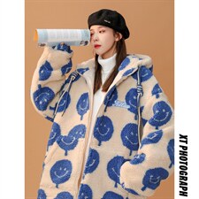 羊羔毛中性韩版笑脸加厚连帽棉衣棉服216-2-BK51-P128控158杏色，女装棉衣/棉服，星座716-1