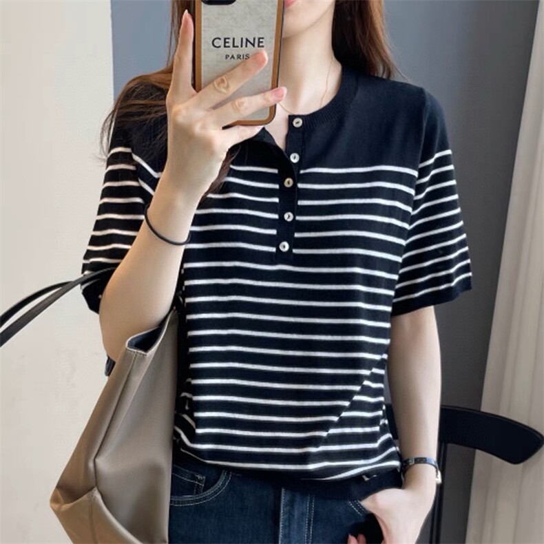 套头2024年秋季短袖条纹时尚气质针织衫，女装针织衫/毛衣，沐策羊绒