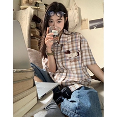 夏季新款趣味小狗毛巾绣格子短袖衬衫男女宽松休闲衬衣CA314，男装T恤，星座1116A（原606A-3）