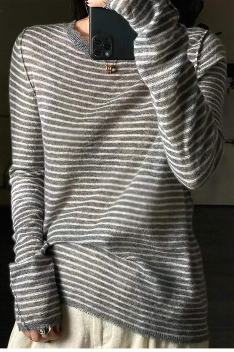 欧洲站精纺羊毛衫女超薄微透圆领条纹外穿毛衣宽松打底针织衫春秋,针织衫/毛衣,洁纯羊绒