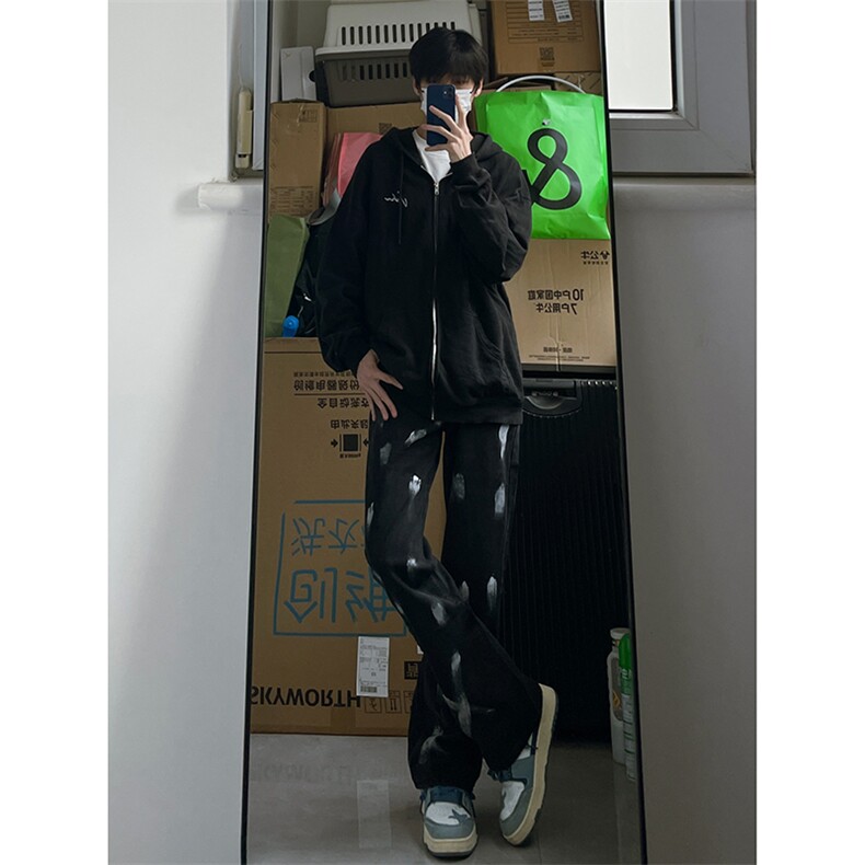 B221美式ins高街小众情侣款喷墨微喇牛仔裤LK22080-P60控78,男装牛仔裤,电商B221