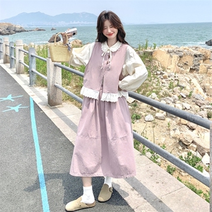 甜美少女粉色马甲叠穿长袖衬衫套装女春秋独特漂亮裙子减龄三件套图片