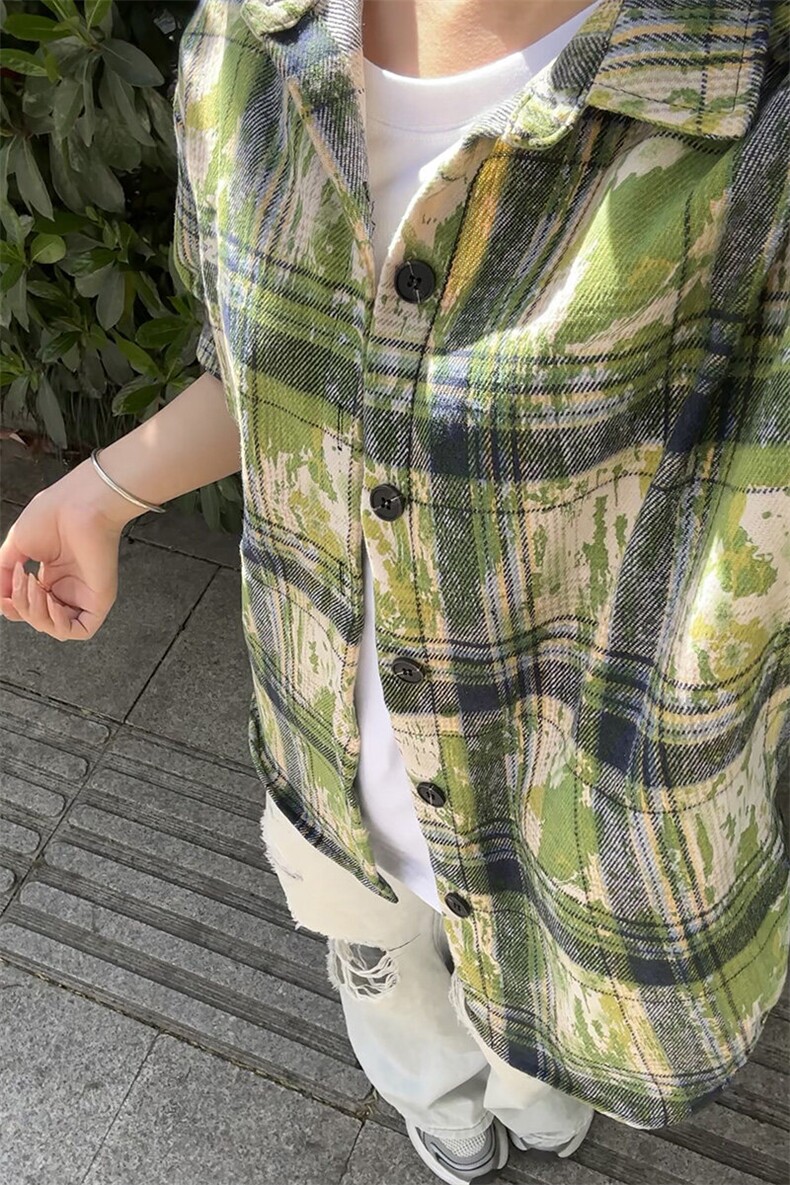 绿色扎染格子衬衫男秋季高级感痞帅格纹长袖衬衣美式复古情侣外套,男装衬衫,电商基地A086