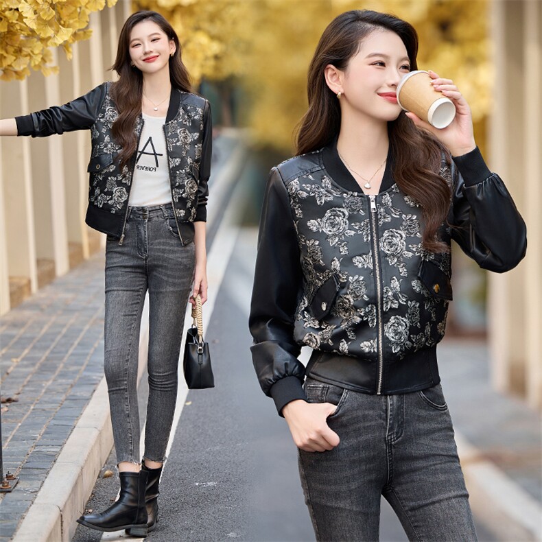 小个子短款皮衣外套女2025秋季新款时尚拼接刺绣飞行员pu皮夹克潮，女装皮衣，韩美纤衣