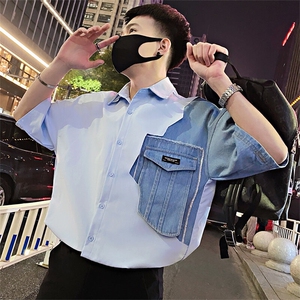 S19/P48控68 夏季社会小伙设计感拼接镂空牛仔短袖衬衫男浅蓝首3图片