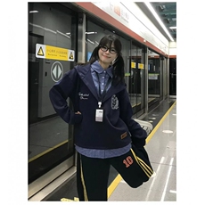 潮牌情侣美式条纹拼接假两件翻领长袖宽松POLO衫t恤卫衣Y1811，男装Polo衫，星座601-1