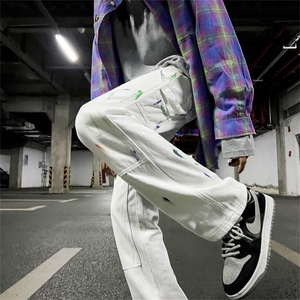 美式裤子高街ins潮vibe风街头工装白色阔腿泼墨牛仔裤男N0011-P45图片
