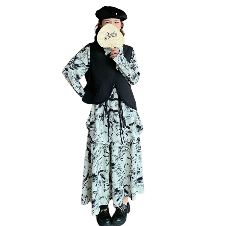 051-水墨画印花衬衫+马甲连衣裙三件套-F637-P145-K218,女装套装/套裙,2C051