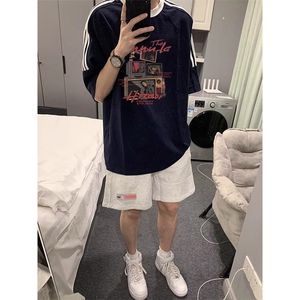 夏季美式高街重磅纯棉三条杠织带撞色男女短袖T恤ZD350-特P30图片