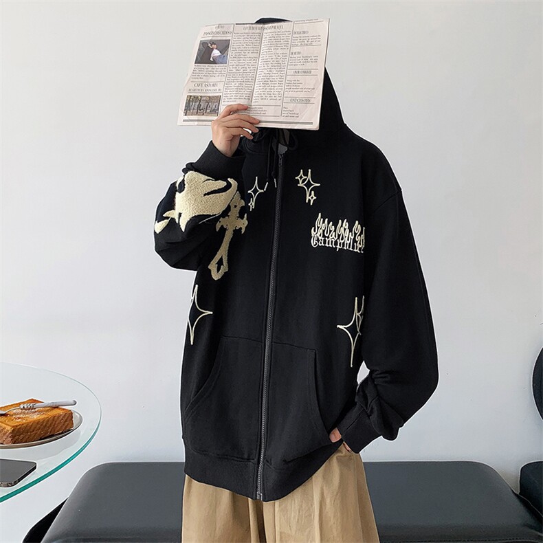 开衫连帽卫衣男春秋美式高街潮牌毛巾绣运动外套oversize情侣上衣,男装卫衣,星座308B-2
