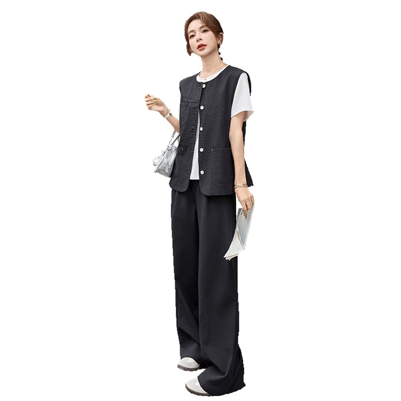 2025年夏季新款女装时尚气质马甲阔腿裤三件套,女装套装/套裙,浙宝二楼003号