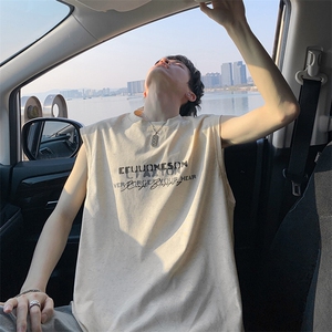 得物抖音品质240克宽松纯棉美式扎染做旧工艺坎肩背心印花无袖T恤图片