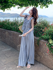 少女风休闲条纹上衣阔腿裤套装女夏2025新款爆款高级感绝美两件套，女装套装/套裙，浙宝276（原081）