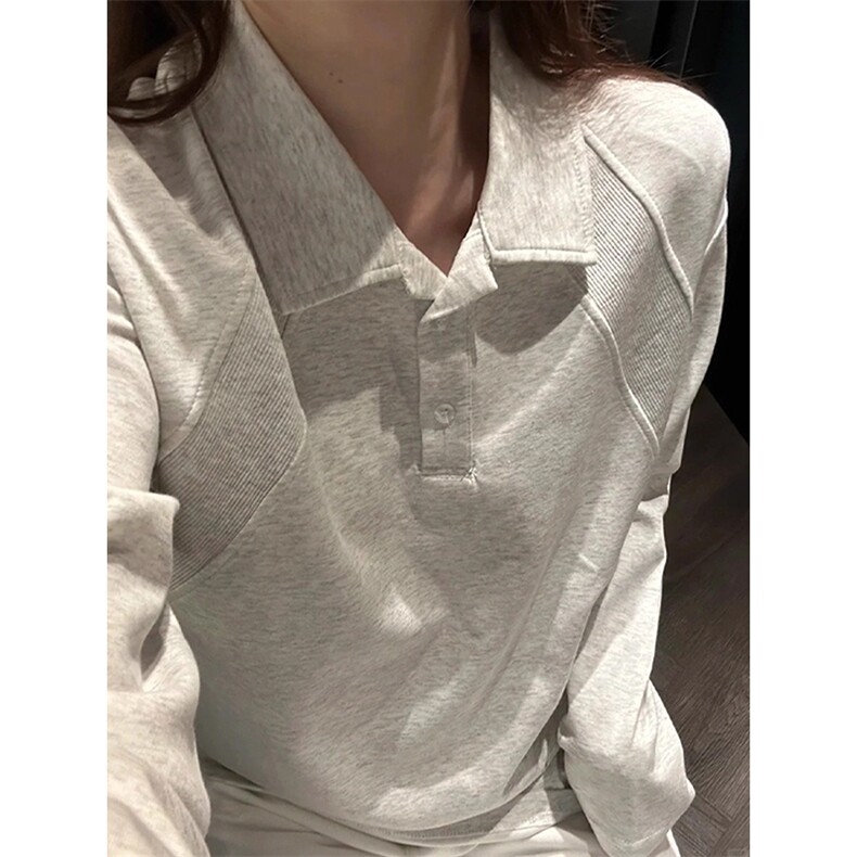 抖音得物高品质美式高街重磅曼巴棉结构螺纹拼接翻领卫衣长袖T恤图片