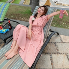 高腰荡领休闲风挂脖式法式连衣裙夏装韩版方领中长款显瘦气质时尚，女装连衣裙，2C105