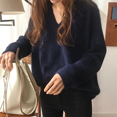 时尚女士秋季新款简约百搭七针加厚V领针织衫显瘦保暖羊毛衫，女装针织衫/毛衣，悦玛羊绒
