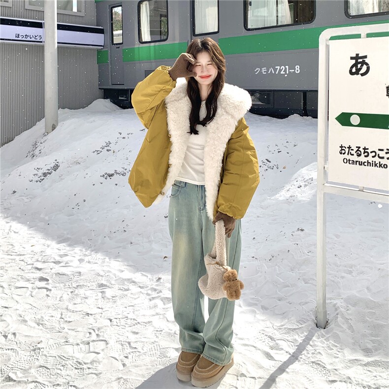 现货！羊羔毛拼接加厚90绒南瓜色羽绒服2C056-7100-P285控428,女装羽绒服,2C056