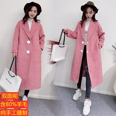 毛呢外套女宽松中长款19冬新气质减龄大码显瘦双面呢羊毛条纹大衣，女装毛呢外套，潮品会