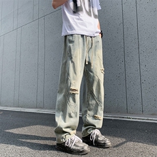 美式潮牌高街水洗做旧破洞牛仔裤夏季宽松复古休闲阔腿裤，男装牛仔裤，星座410-6（原星座1304-1）