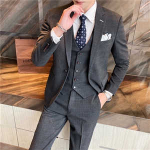 西服套装三件套男士商务休闲正装外套修身宴会结婚礼服格子小西装图片