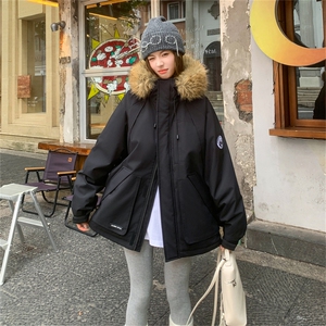 CC929-P130秋冬户外工装毛领棉服木黛粉女士棉衣连帽防风派克外套图片