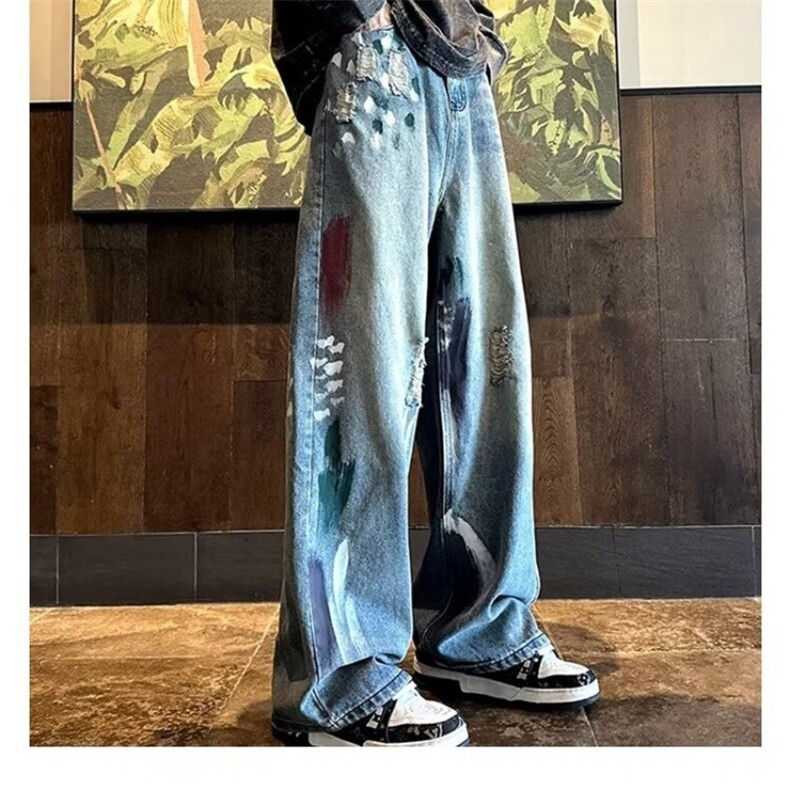 美式复古蓝牛仔裤男春秋设计感刷漆破洞水洗裤子宽松直筒阔腿长裤,男装牛仔裤,星座601-1