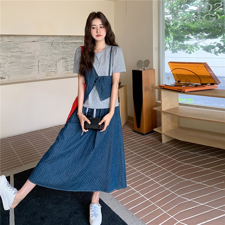 假两件波点拼接牛仔套装裙女夏2025新款大方得体穿搭一整套巨好看,女装套装/套裙,2C323