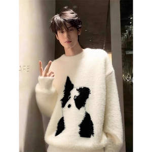 1506-1/MZ111/P52美式卡通小狗套头毛衣男冬季仿貂毛圆领针织衫图片