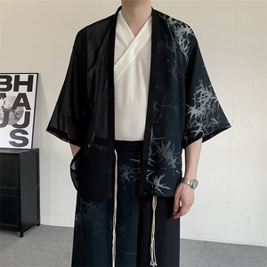 24夏装明制风新中式竹子印花汉服元素衬衫开衫和服道袍拼接上衣图片