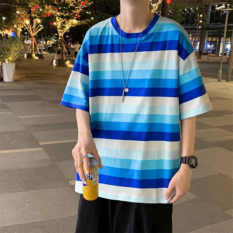 渐变条纹短袖男夏季潮t恤ins炸街嘻哈衣服港风宽松半袖T570-P25,男装T恤,星座512-2