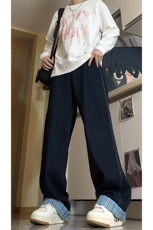 拼接卷边格子牛仔裤男设计感小众阔腿直筒拖地裤子KZ011P65加绒75，男装牛仔裤，电商B312