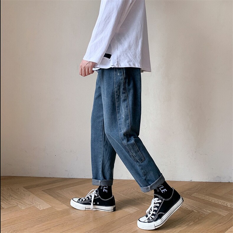 牛仔裤男潮牌宽松潮流直筒九分韩版休闲阔腿裤老爹长裤子W060P44图片