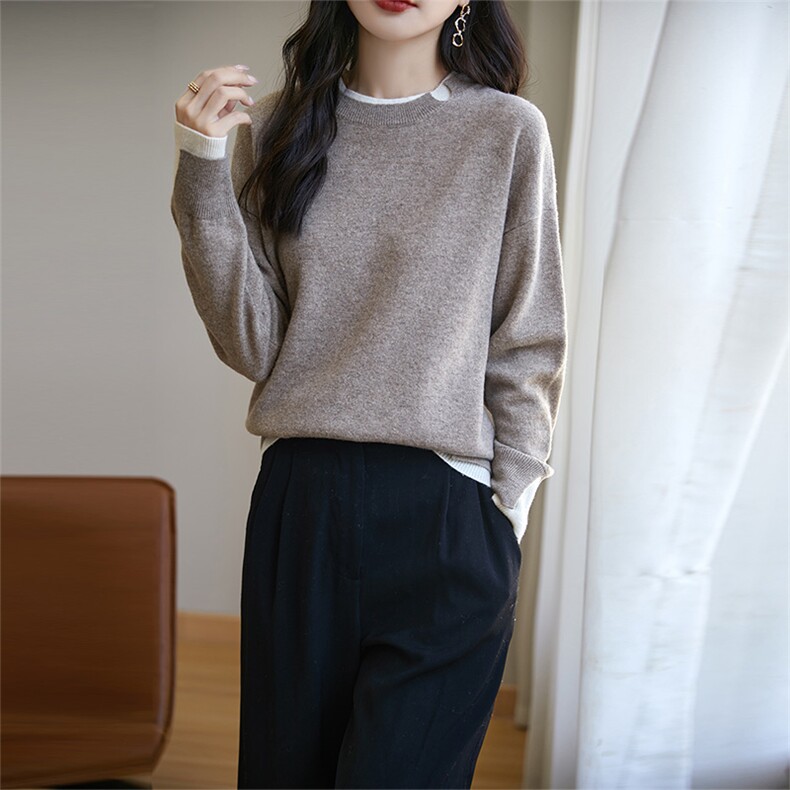 百搭精纺薄款圆领羊毛衫女春宽松纯色毛衣针织打底衫上衣内搭羊绒,女装羊毛衫,宏杨羊绒